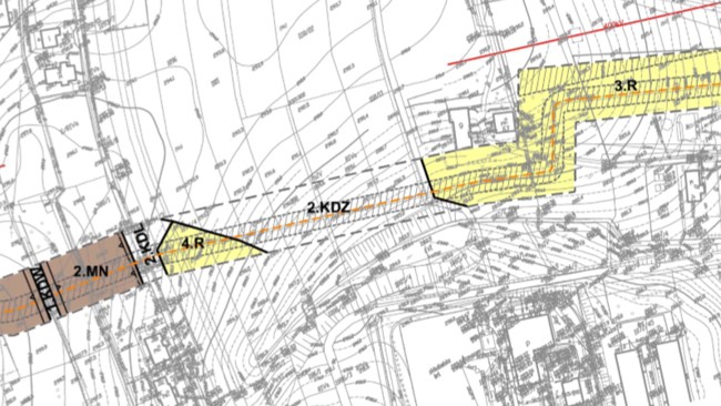 Fragment miejscowego planu zagospodarowania terenu, z naniesioną częścią planowanego gazociągu