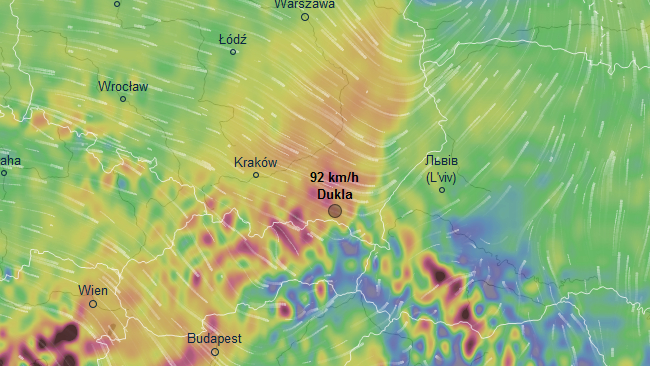 Porywy wiatru w poniedziałek, 24 września, godzina 06:00 dla obszaru m. Dukla / źródło: VentuSky