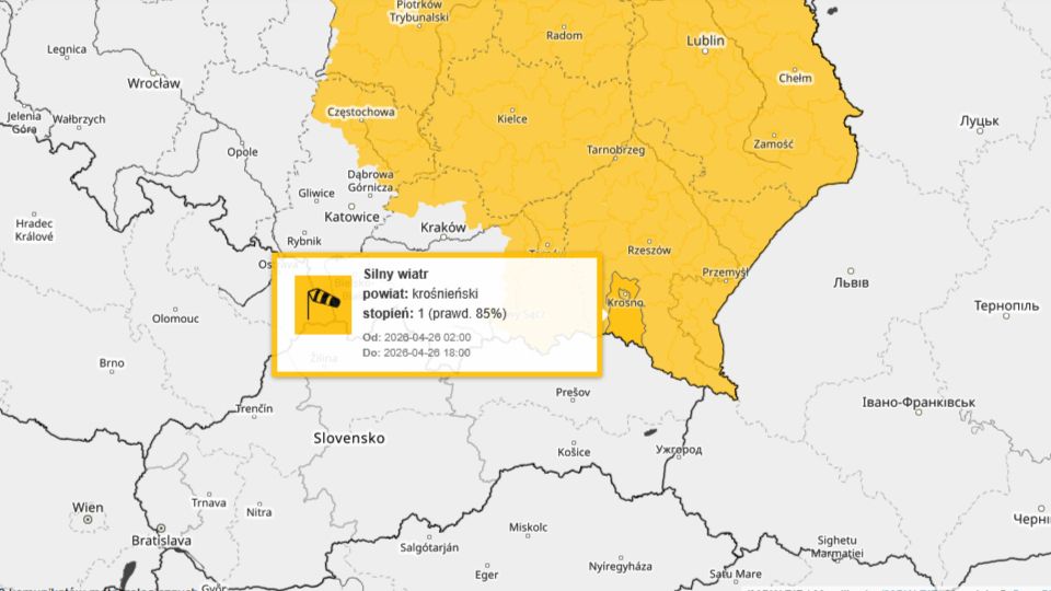 Alert pogodowy dla Krosna: Silny wiatr w niedzielę