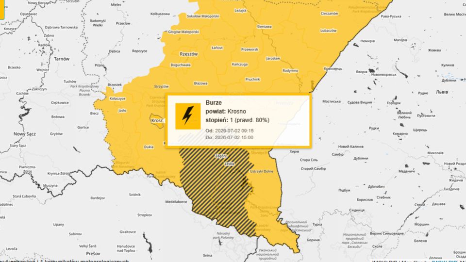 Alert pogodowy: Burze z gradem w Krośnie i powiecie