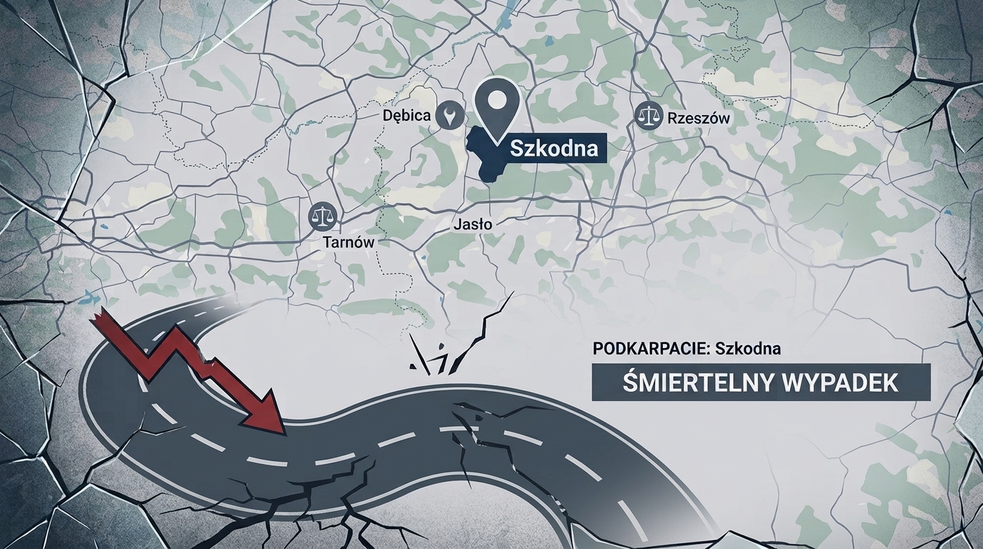 Grafika ilustracyjna: miejsce tragicznego zdarzenia drogowego w miejscowości Szkodna na Podkarpaciu.