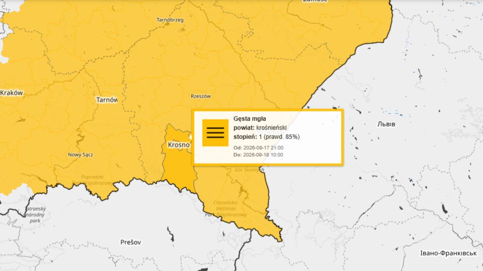 IMGW ostrzega przed gęstą mgłą w Krośnie i powiecie. Widzialność mocno spadnie