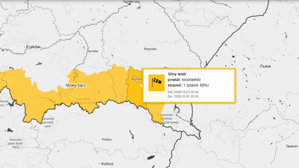 ALERT: Silny wiatr w Krośnie i powiecie. IMGW wydaje ostrzeżenie