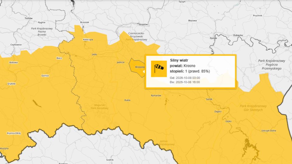 ALERT: Nadchodzi silny porywisty wiatr w Krośnie i powiecie