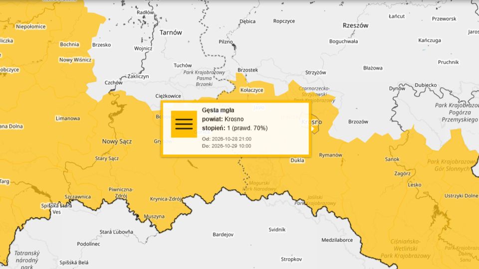 Alert meteorologiczny: Gęste mgły w Krośnie i powiecie