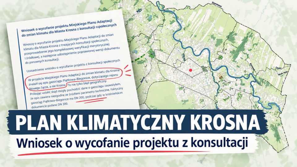 Wniosek o wycofanie projektu Planu Adaptacji do zmian klimatu dla Krosna. W dokumencie opisano infrastrukturę spod Nowego Sącza