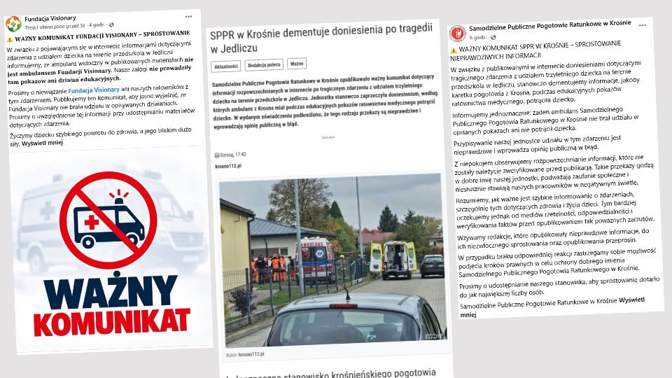 Krośnieńskie Pogotowie, Fundacja Visionary oraz portal Krosno112.pl reagują na falę nieprawdziwych informacji krążących w sieci.